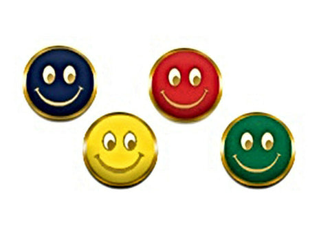 Smiley Face Badges in Blue, Green, Red, Yellow.
